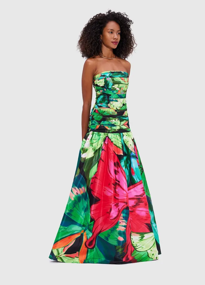 Natalia Ruched Maxi Dress 8211 Papillon Print in Green Dresses and Jumpsuits LEO LIN Women