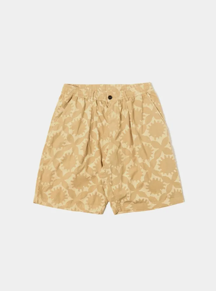 Pleated Track Short In Sand Over Dyed Sun Print Men Universal Works Shorts