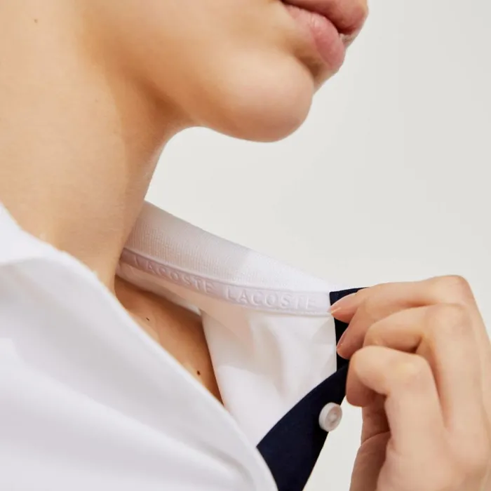 Polos Women Lacoste Women039s Stretch Jersey Golf Polo White Navy Blue 522
