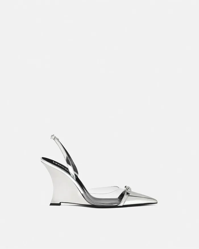 Pumps and Slingbacks Women Versace Gianni Ribbon Metallic Wedge Pumps 95 Mm Silver Pumps and Slingbacks Women Versace Gianni Ribbon Metallic Wedge Pumps 95 Mm Silver