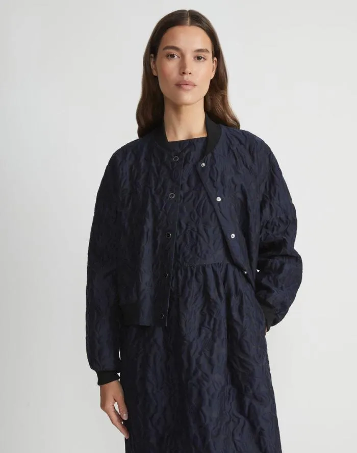 Ready To Wear Flora Bloom Cloqu Jacquard CottonSilk Bomber Jacket Midnight Blue Lafayette 148 New York Jackets and Blazers