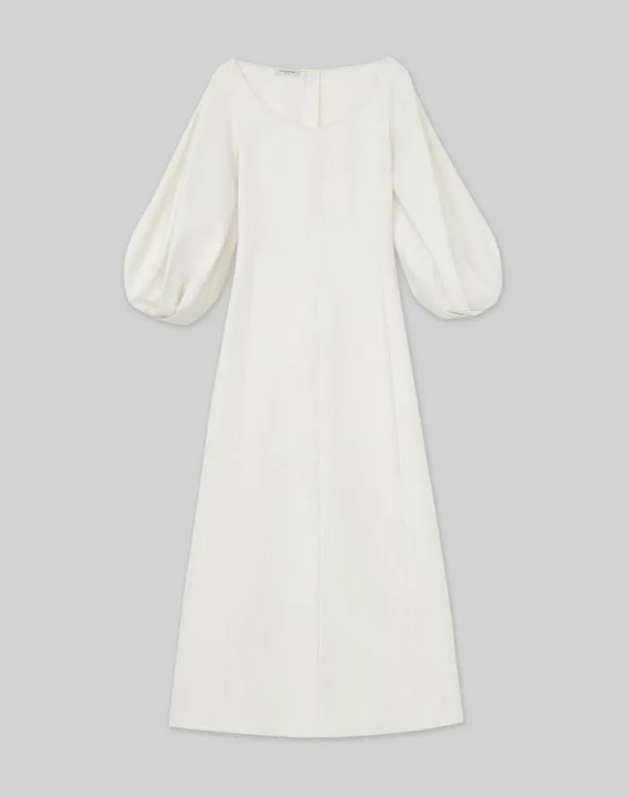 Ready To Wear SilkLinen Lantern Sleeve Dress Alabaster Lafayette 148 New York Dresses
