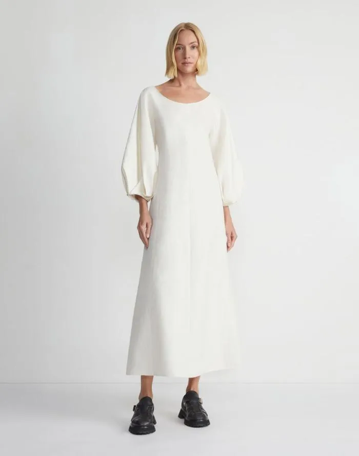 Ready To Wear SilkLinen Lantern Sleeve Dress Alabaster Lafayette 148 New York Dresses