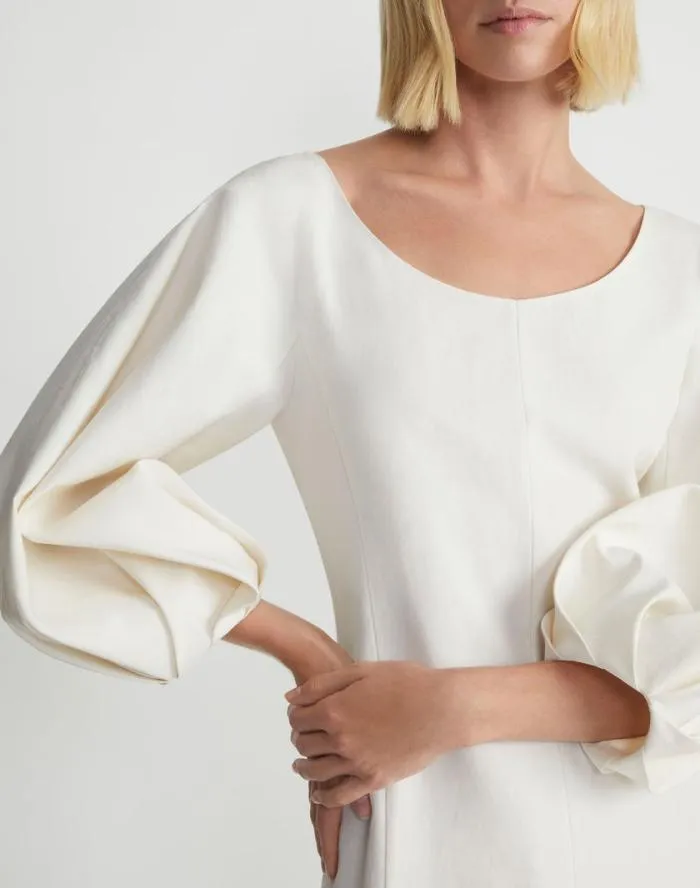 Ready To Wear SilkLinen Lantern Sleeve Dress Alabaster Lafayette 148 New York Dresses