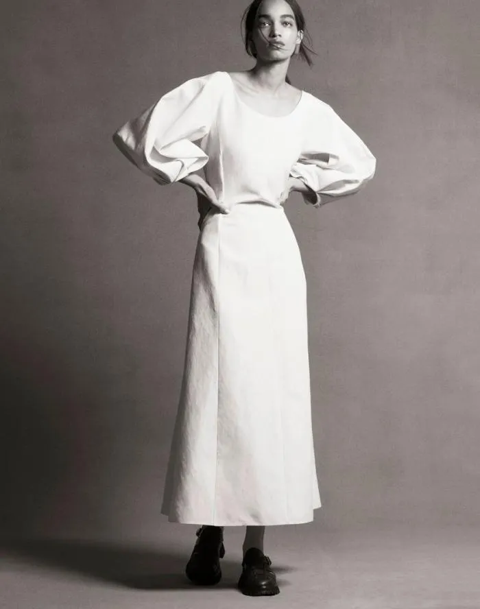 Ready To Wear SilkLinen Lantern Sleeve Dress Alabaster Lafayette 148 New York Dresses
