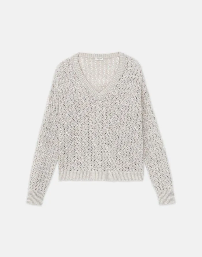 Ready To Wear Sustainable LinenSilk Sequin Cable VNeck Sweater Ink Metallic Lafayette 148 New York Sweaters and Knits