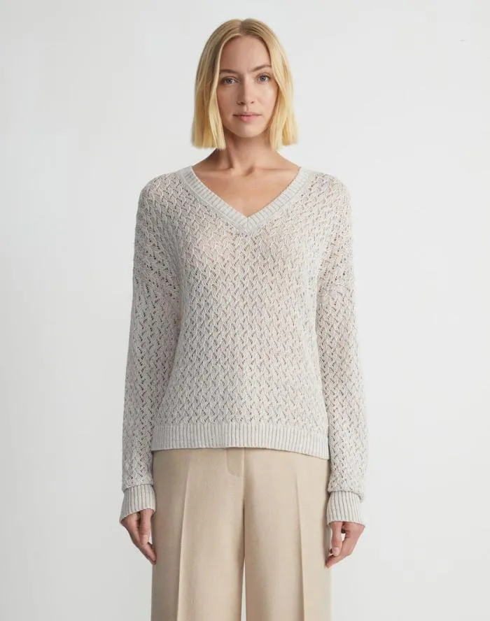 Ready To Wear Sustainable LinenSilk Sequin Cable VNeck Sweater Ink Metallic Lafayette 148 New York Sweaters and Knits