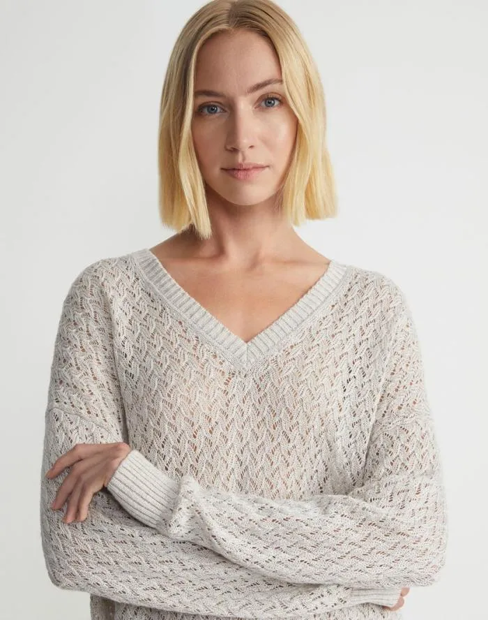 Ready To Wear Sustainable LinenSilk Sequin Cable VNeck Sweater Ink Metallic Lafayette 148 New York Sweaters and Knits