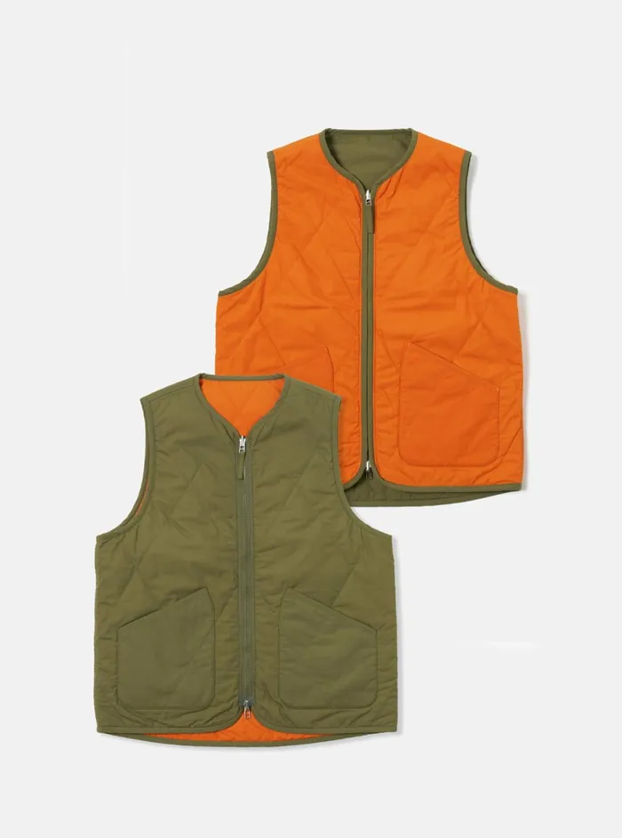 Reversible Military Liner Gilet In OliveOrange Recycl Men Universal Works Waistcoats and Gilets