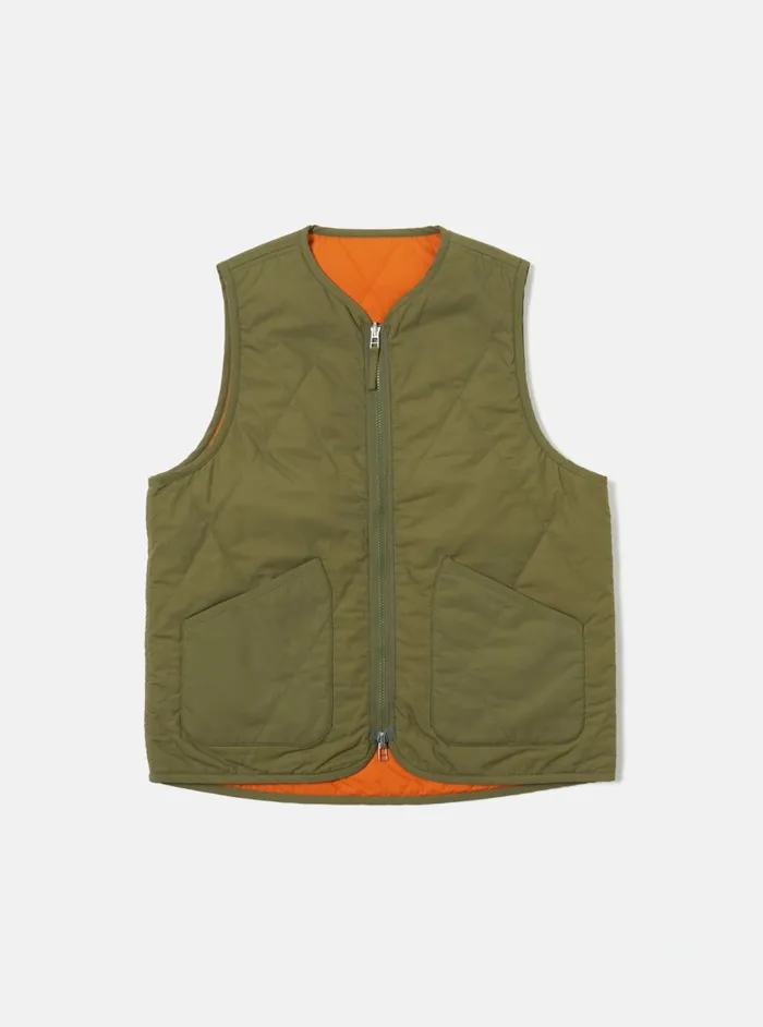 Reversible Military Liner Gilet In OliveOrange Recycl Men Universal Works Waistcoats and Gilets