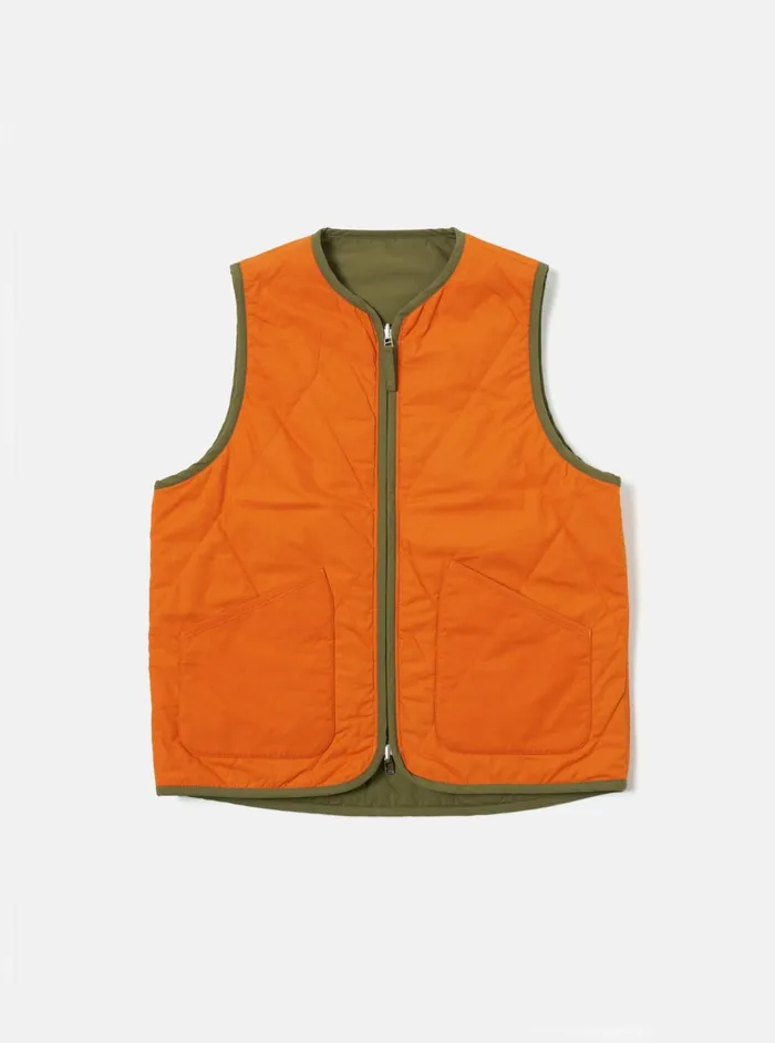 Reversible Military Liner Gilet In OliveOrange Recycl Men Universal Works Waistcoats and Gilets