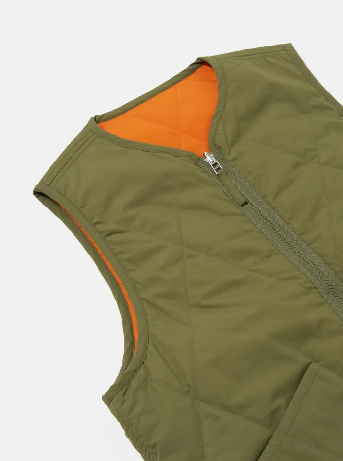 Reversible Military Liner Gilet In OliveOrange Recycl Men Universal Works Waistcoats and Gilets