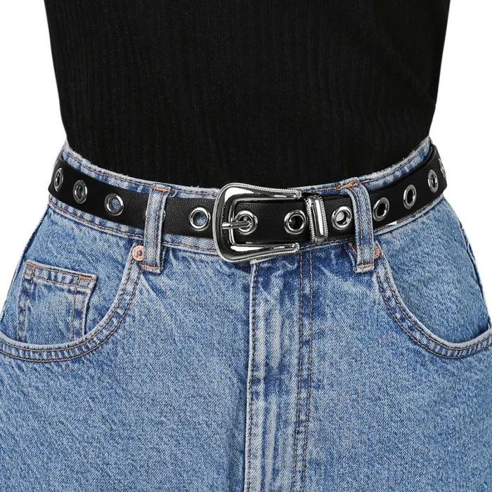 RWandCO Belts Allegra K Grommet Skinny Waist Metal Pin Buckle Belt Plus Size Black 8211 Women