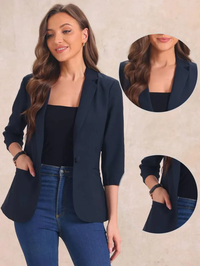 RWandCO Blazers Allegra K 34 Sleeve One Button Lapel Blazer Dark Blue 8211 Women