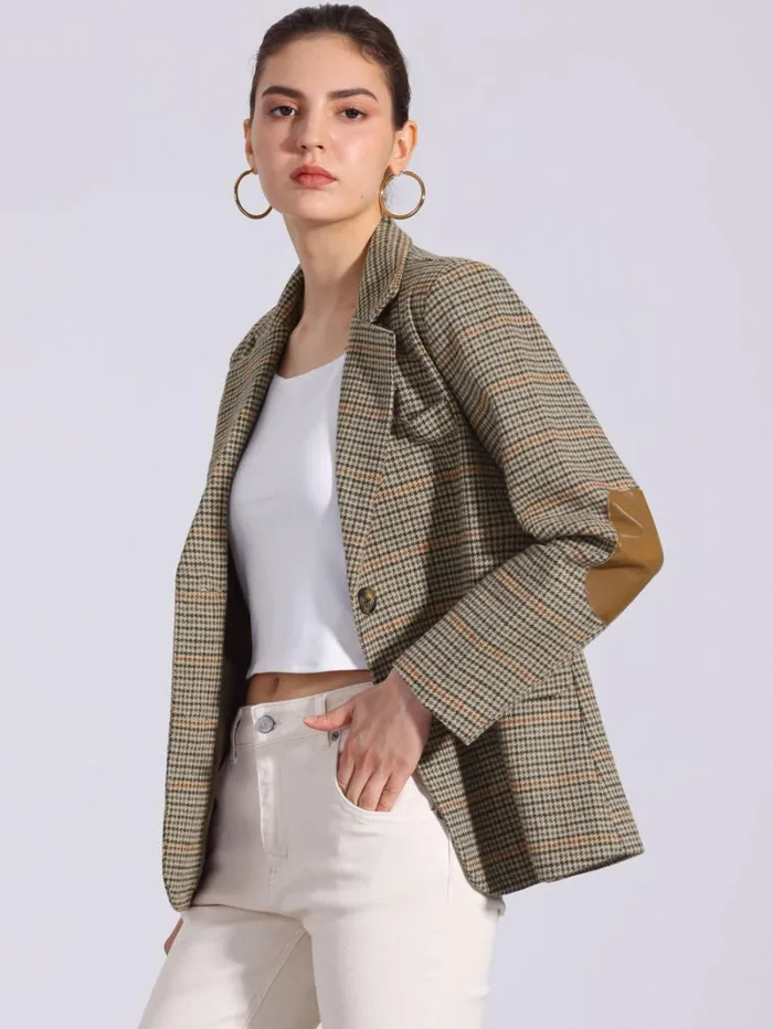 RWandCO Blazers Allegra K 8211 Notched Lapel Button Plaid Blazer Jacket Brown 8211 Women