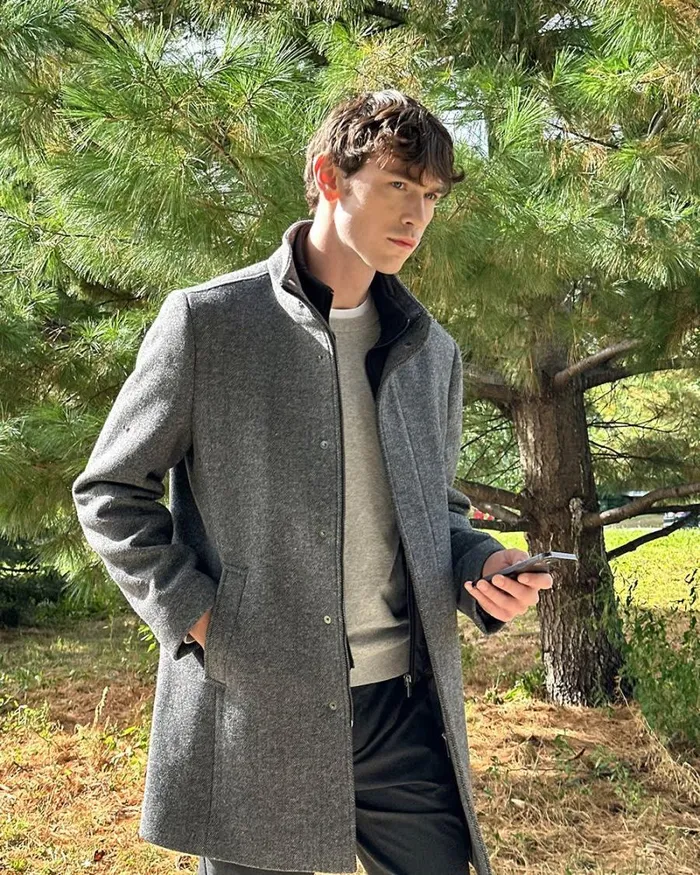 RWandCO Coats and Jackets Classic Herringbone MockNeck Wool Coat With Dickey Dark Grey 8211 Men