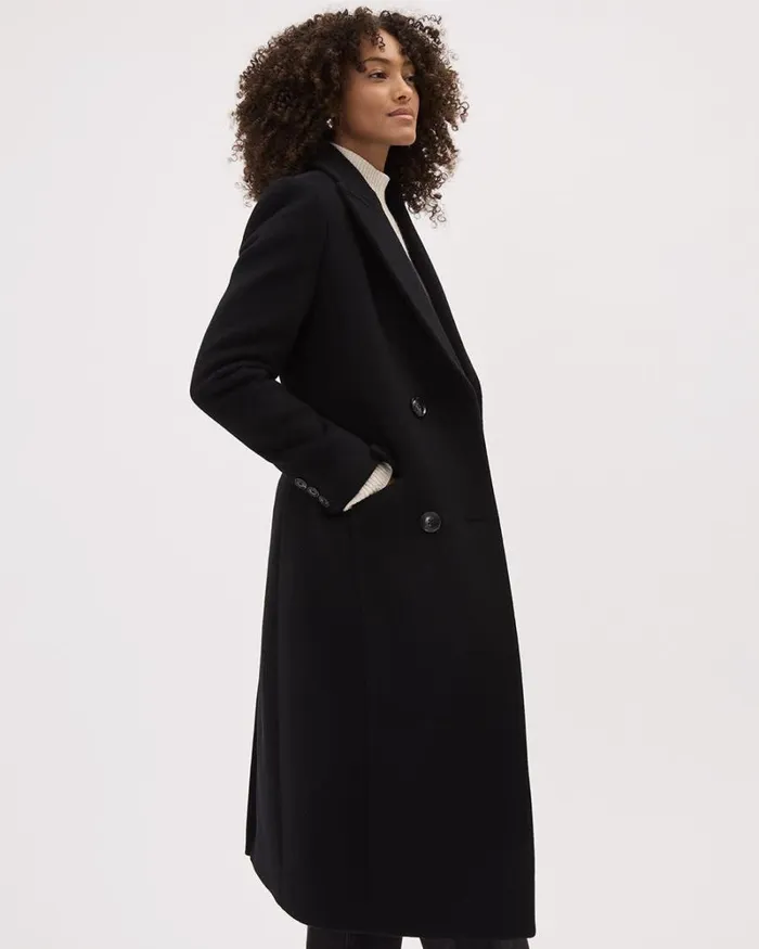 RWandCO Coats and Jackets Solid Long DoubleBreasted Wool Coat Black 8211 Women