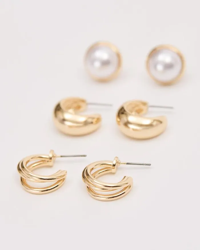 RWandCO Jewelry Golden Earrings With Pearls 8211 3 Pairs Gold 8211 Women RWandCO Jewelry Golden Earrings With Pearls 8211 3 Pairs Gold 8211 Women