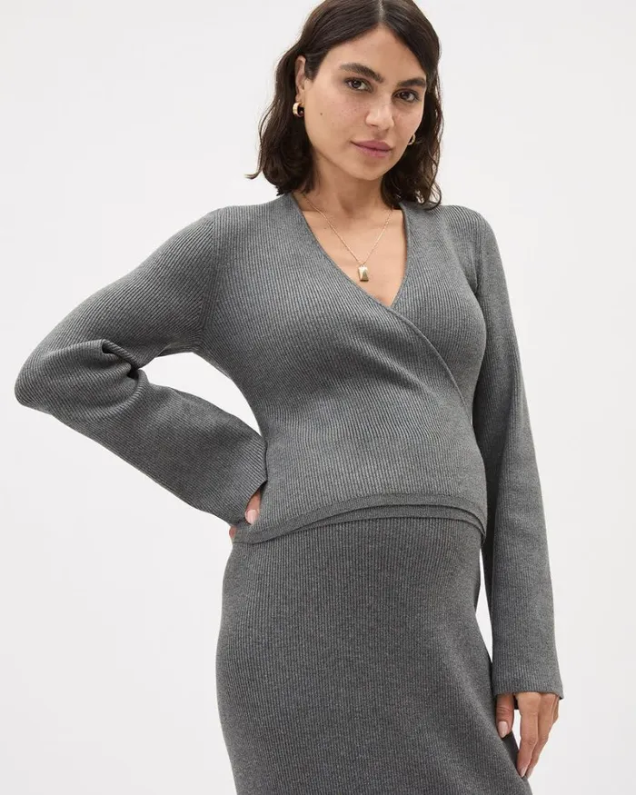 RWandCO Nursing LongSleeve Wrap Nursing Sweatshirt 8211 Thyme Maternity Dark Heather Gray 8211 Women RWandCO Nursing LongSleeve Wrap Nursing Sweatshirt 8211 Thyme Maternity Dark Heather Gray 8211 Women