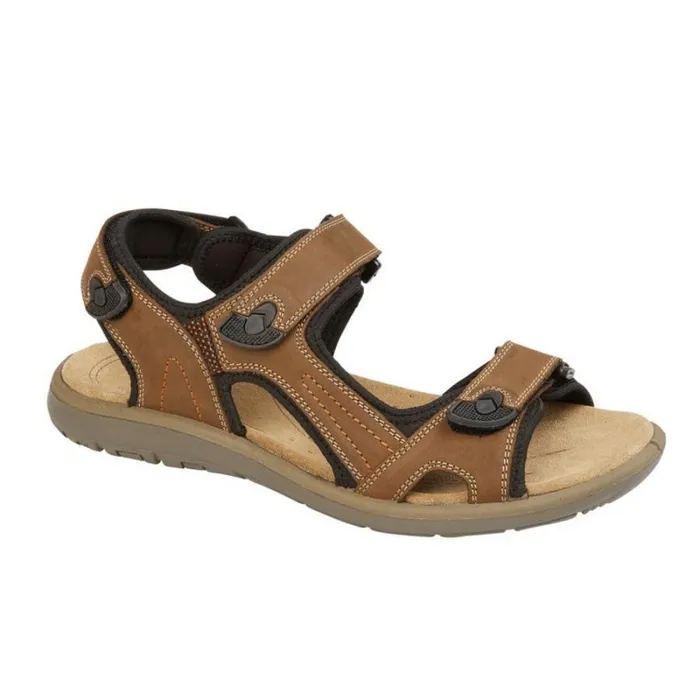 RWandCO Shoes Roamers 8211 Mens Triple Strap Leather Touch Fastening Sports Sandals Dark Brown 8211 Men