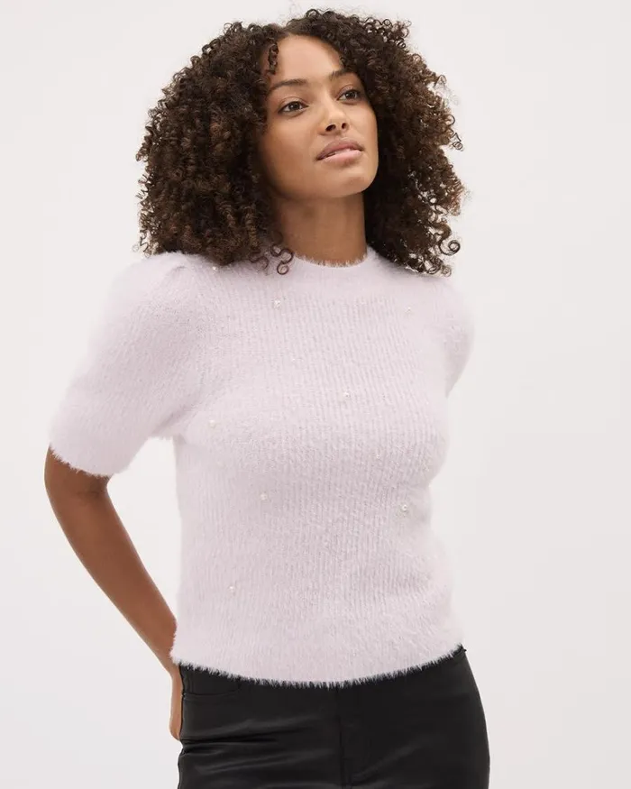 RWandCO Tops ElbowSleeve MockNeck FeatherYarn Pullover With Pearls Orchid Hush 8211 Women RWandCO Tops ElbowSleeve MockNeck FeatherYarn Pullover With Pearls Orchid Hush 8211 Women