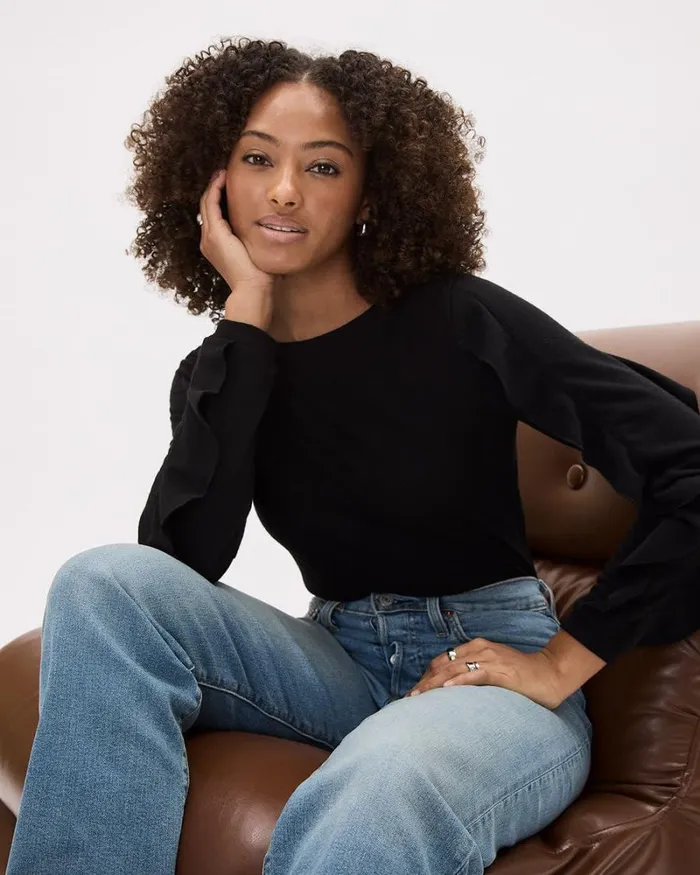 RWandCO Tops LongSleeve BoatNeck Top With Ruffles Black 8211 Women
