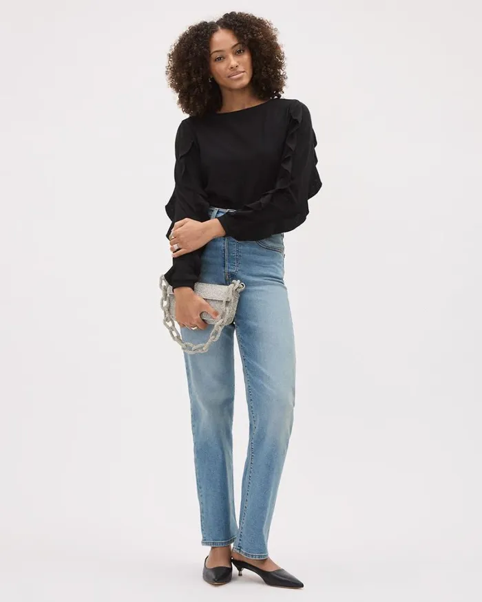 RWandCO Tops LongSleeve BoatNeck Top With Ruffles Black 8211 Women RWandCO Tops LongSleeve BoatNeck Top With Ruffles Black 8211 Women