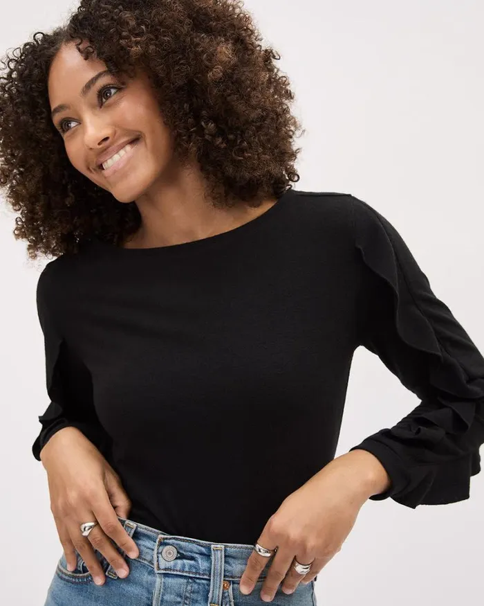 RWandCO Tops LongSleeve BoatNeck Top With Ruffles Black 8211 Women RWandCO Tops LongSleeve BoatNeck Top With Ruffles Black 8211 Women