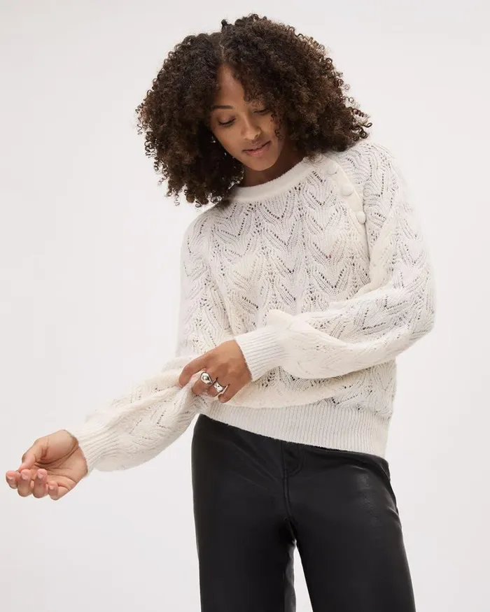 RWandCO Tops LongSleeve CrewNeck Sweater With Buttons At Shoulder Snow White 8211 Women RWandCO Tops LongSleeve CrewNeck Sweater With Buttons At Shoulder Snow White 8211 Women