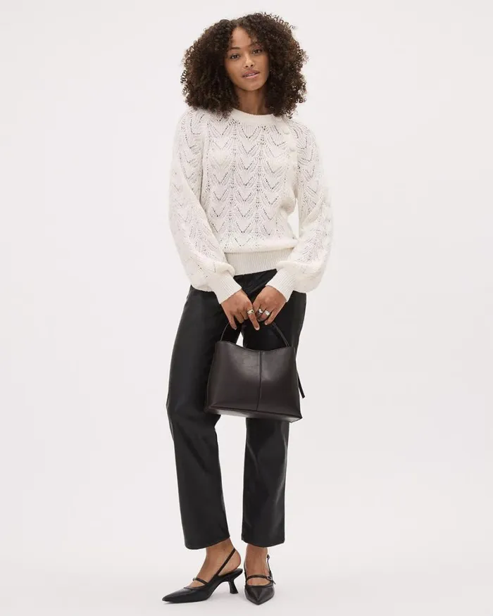 RWandCO Tops LongSleeve CrewNeck Sweater With Buttons At Shoulder Snow White 8211 Women RWandCO Tops LongSleeve CrewNeck Sweater With Buttons At Shoulder Snow White 8211 Women