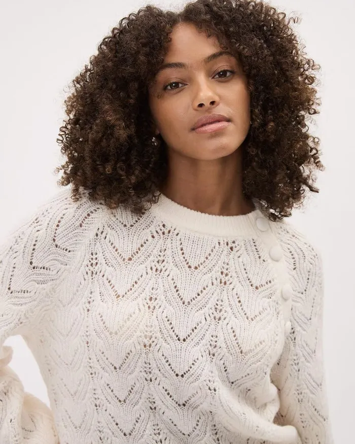 RWandCO Tops LongSleeve CrewNeck Sweater With Buttons At Shoulder Snow White 8211 Women RWandCO Tops LongSleeve CrewNeck Sweater With Buttons At Shoulder Snow White 8211 Women