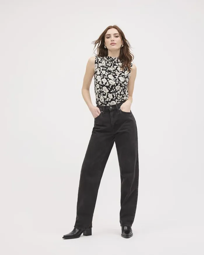 RWandCO Tops Sleeveless CrewNeck Pleated Top Black And Oatmeal Floral Multi 8211 Women