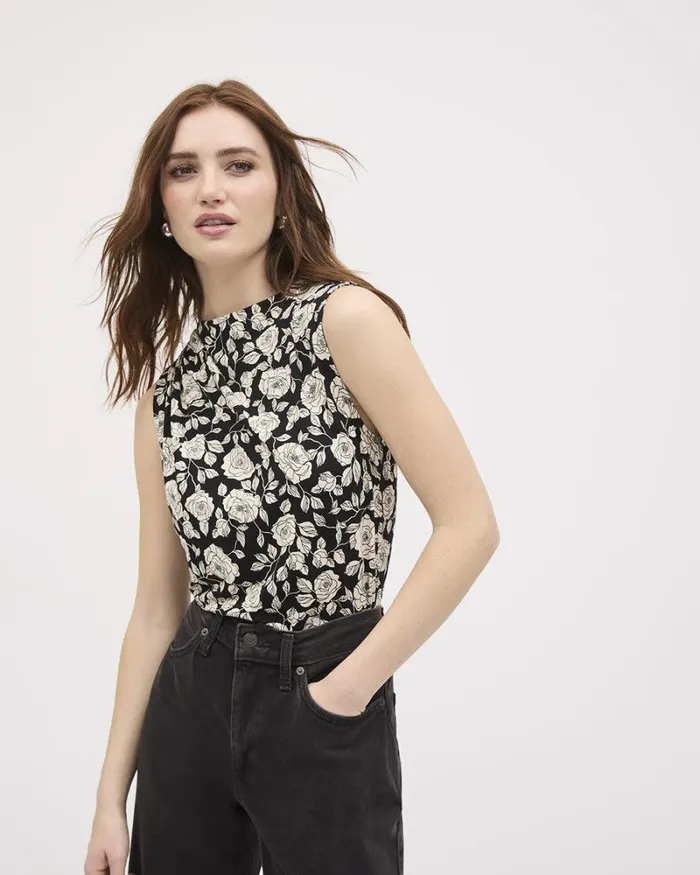 RWandCO Tops Sleeveless CrewNeck Pleated Top Black And Oatmeal Floral Multi 8211 Women