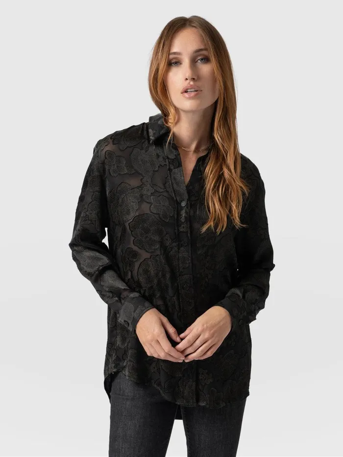 Saint And Sofia Blouses and Shirts Women Boyfriend Shirt 8211 Black and Gold Floral Burnout Black and Gold Floral Burnout Saint And Sofia Blouses and Shirts Women Boyfriend Shirt 8211 Black and Gold Floral Burnout Black and Gold Floral Burnout