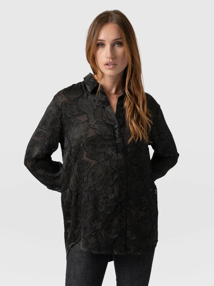 Saint And Sofia Blouses and Shirts Women Boyfriend Shirt 8211 Black and Gold Floral Burnout Black and Gold Floral Burnout