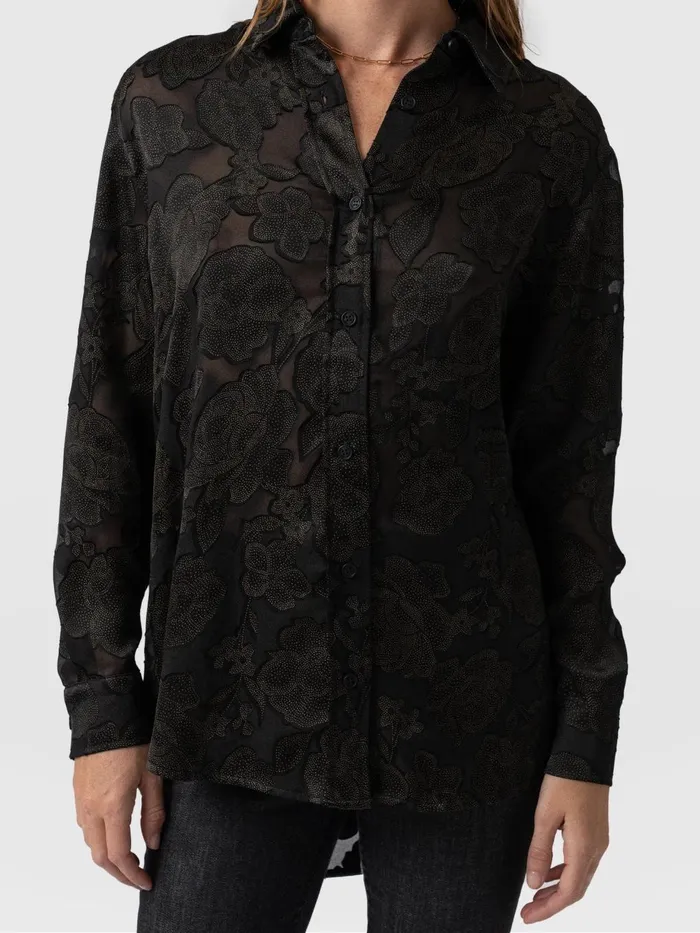 Saint And Sofia Blouses and Shirts Women Boyfriend Shirt 8211 Black and Gold Floral Burnout Black and Gold Floral Burnout