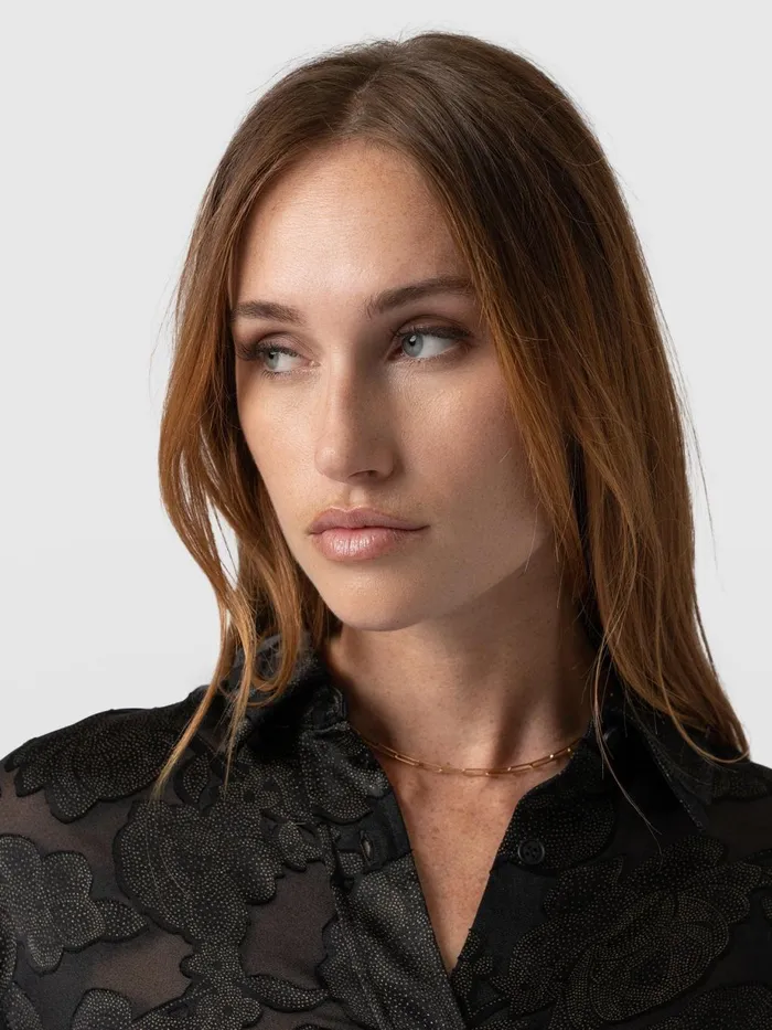 Saint And Sofia Blouses and Shirts Women Boyfriend Shirt 8211 Black and Gold Floral Burnout Black and Gold Floral Burnout