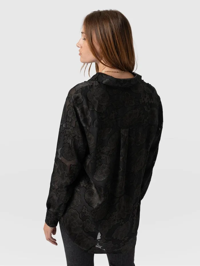 Saint And Sofia Blouses and Shirts Women Boyfriend Shirt 8211 Black and Gold Floral Burnout Black and Gold Floral Burnout