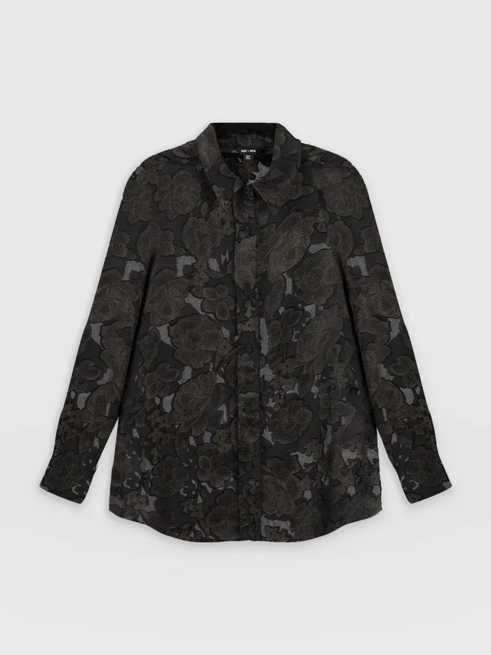 Saint And Sofia Blouses and Shirts Women Boyfriend Shirt 8211 Black and Gold Floral Burnout Black and Gold Floral Burnout