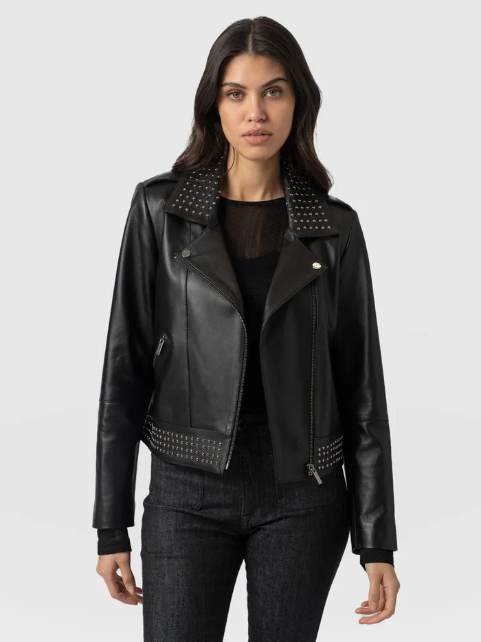 Saint And Sofia Coats and Jackets Women Bonham Studded Biker Jacket 8211 Black Black Saint And Sofia Coats and Jackets Women Bonham Studded Biker Jacket 8211 Black Black
