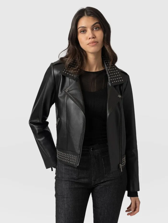 Saint And Sofia Coats and Jackets Women Bonham Studded Biker Jacket 8211 Black Black