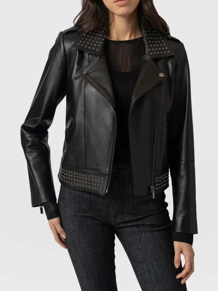 Saint And Sofia Coats and Jackets Women Bonham Studded Biker Jacket 8211 Black Black