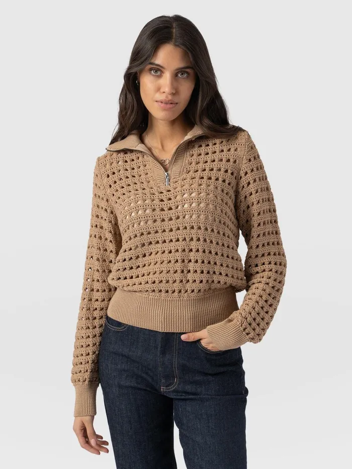 Saint And Sofia Knitwear Women Ester Quarter Zip Knit 8211 Camel Camel