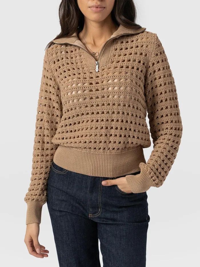 Saint And Sofia Knitwear Women Ester Quarter Zip Knit 8211 Camel Camel