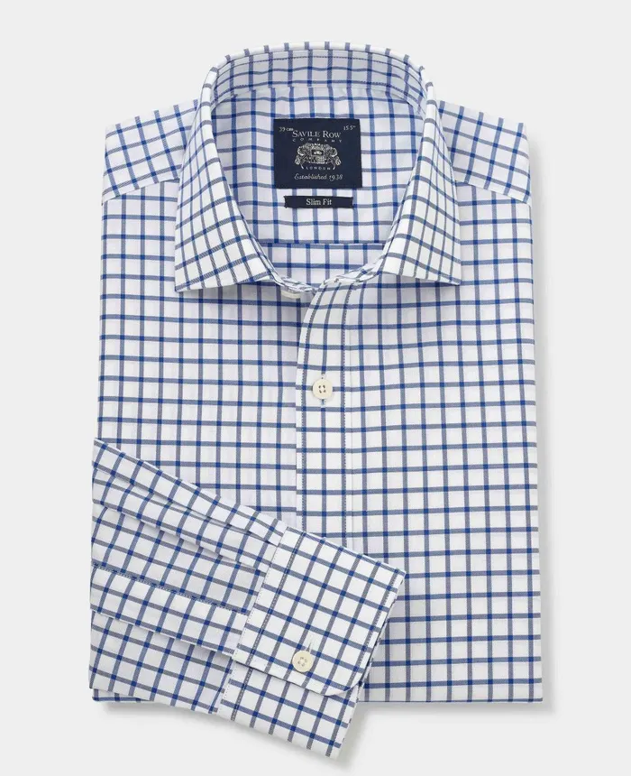 Savile Row Company Blue Window Check Slim Fit Shirt 8211 Single Cuff Blue Check Men Formal Shirts