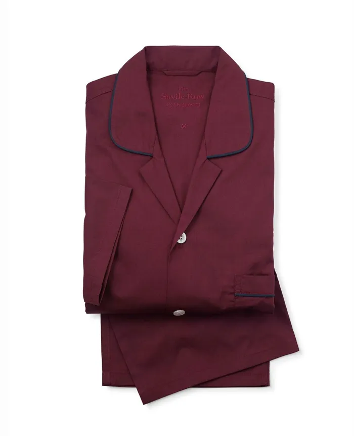 Savile Row Company Burgundy Wine Cotton Pyjamas Burgundy Navy Piping Men Pyjamas