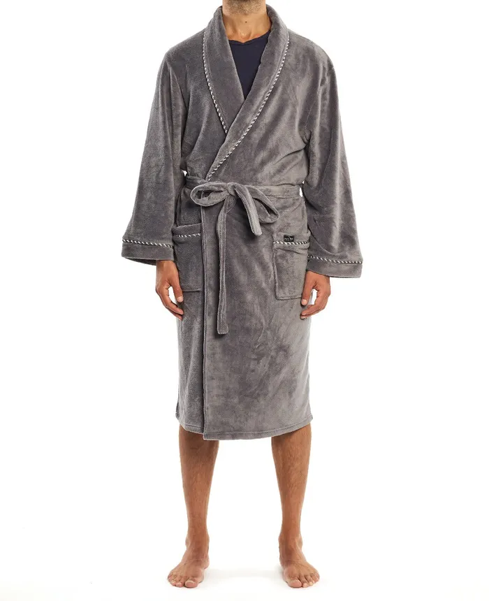 Savile Row Company Grey Fleece Rope Edge Dressing Gown Grey Fleece Men Dressing Gowns and Robes