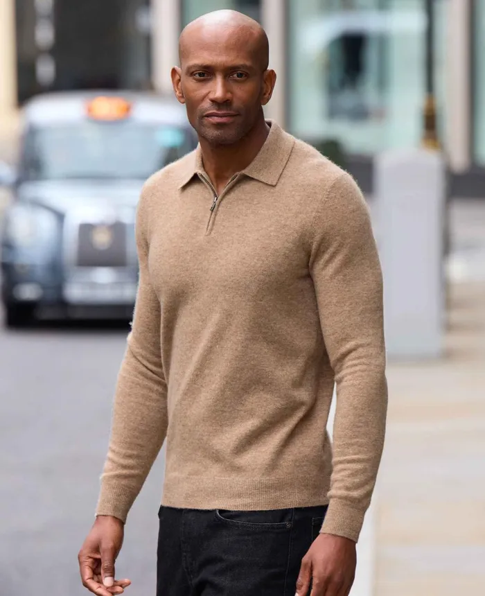 Savile Row Company Oatmeal Merino Wool Cashmere Zip Neck Long Sleeve Polo Shirt Oatmeal Men Casual Tops Savile Row Company Oatmeal Merino Wool Cashmere Zip Neck Long Sleeve Polo Shirt Oatmeal Men Casual Tops