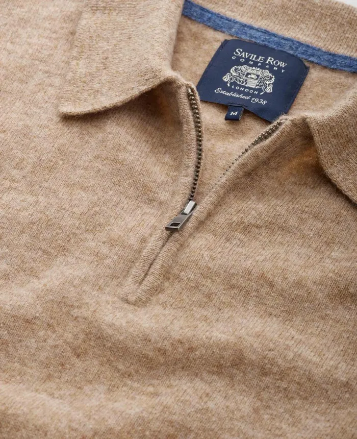 Savile Row Company Oatmeal Merino Wool Cashmere Zip Neck Long Sleeve Polo Shirt Oatmeal Men Casual Tops Savile Row Company Oatmeal Merino Wool Cashmere Zip Neck Long Sleeve Polo Shirt Oatmeal Men Casual Tops