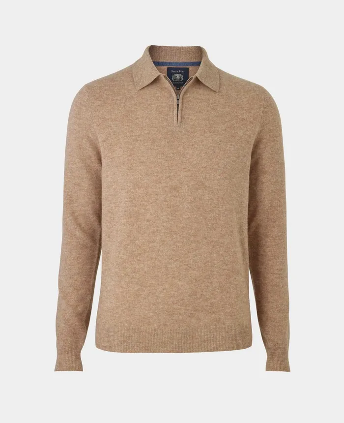 Savile Row Company Oatmeal Merino Wool Cashmere Zip Neck Long Sleeve Polo Shirt Oatmeal Men Casual Tops Savile Row Company Oatmeal Merino Wool Cashmere Zip Neck Long Sleeve Polo Shirt Oatmeal Men Casual Tops